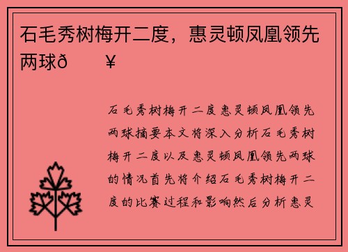 石毛秀树梅开二度，惠灵顿凤凰领先两球💥